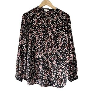Pleione Black Multicolor Print Long Sleeve V-Neck Blouse Women's Size S